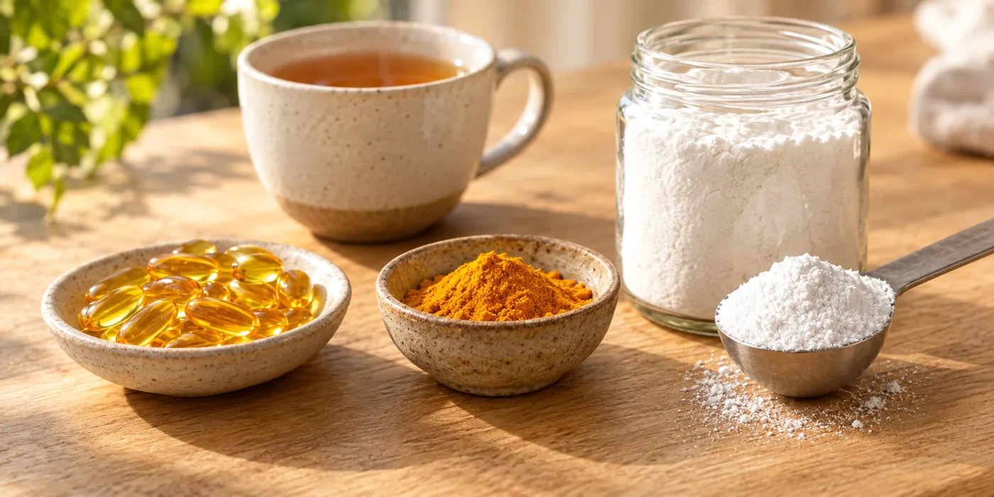 Fish oil softgels, turmeric powder, a jar of white powder, and a cup of tea on a sunlit table
