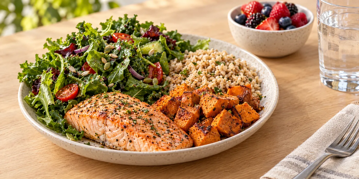 Heart-healthy dinner plate with baked salmon, leafy green salad, roasted sweet potato and brown rice