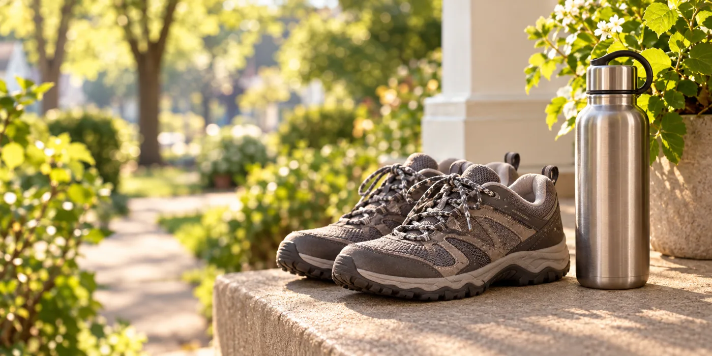 Walking shoes and a water bottle on a sunny porch step with a leafy path in the background