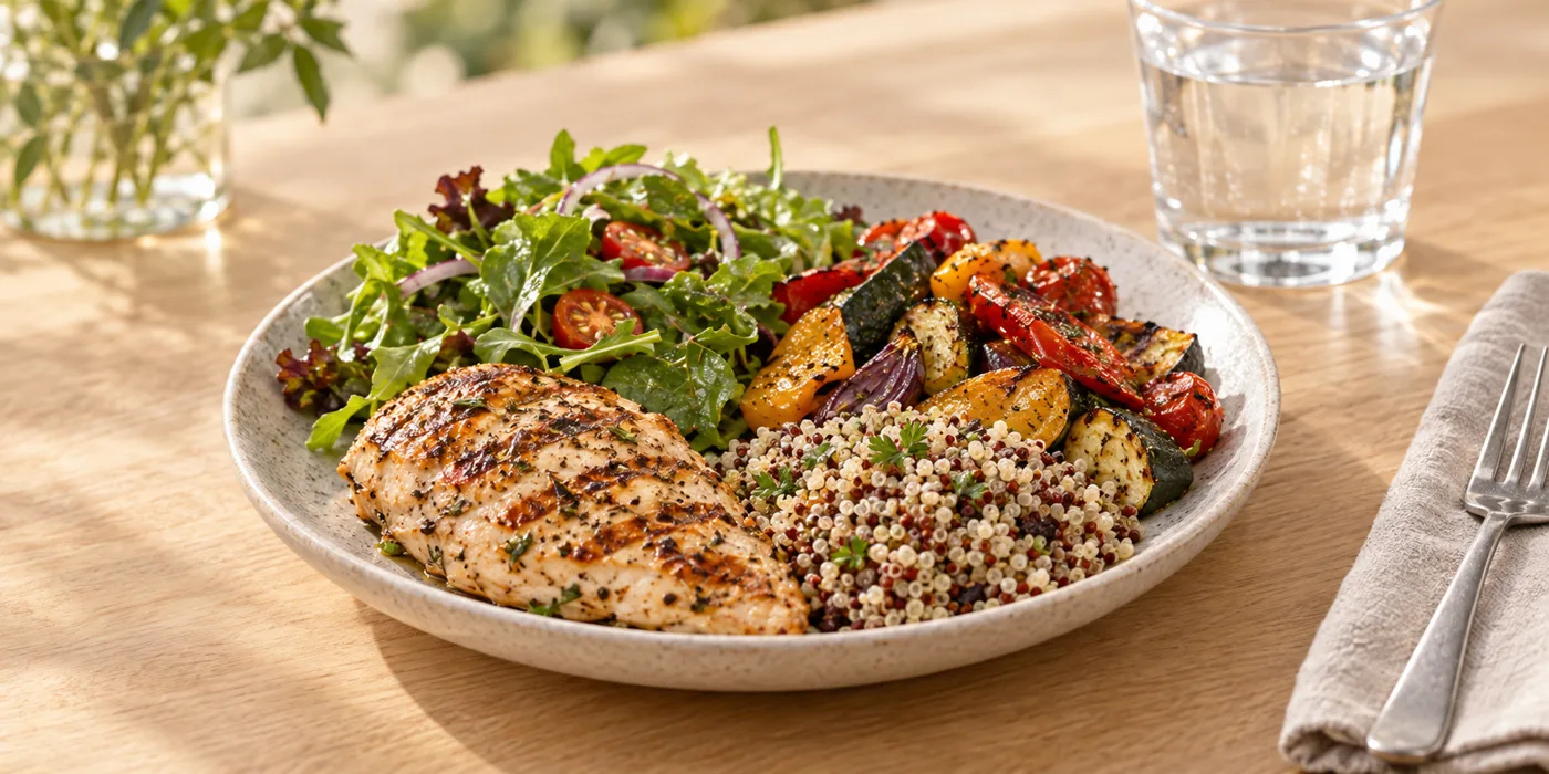 Balanced lunch plate with grilled chicken, roasted vegetables, quinoa and green salad with a glass of water
