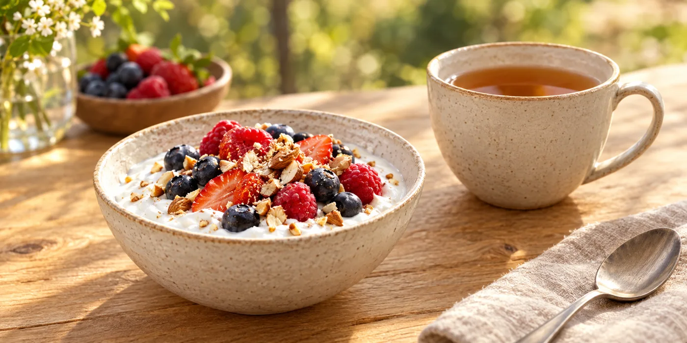 Bowl of plain yogurt with berries and nuts beside a cup of tea