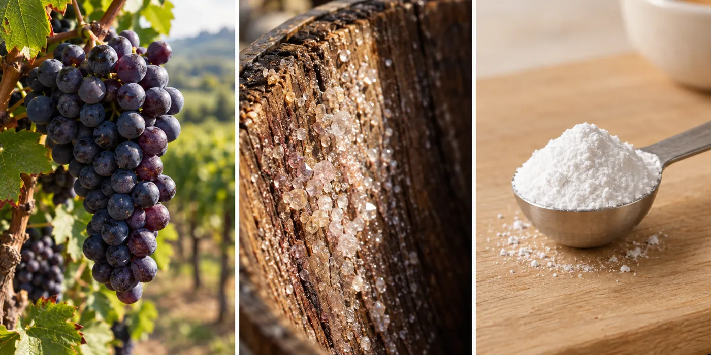 Cream of tartar from grape to powder: wine grapes on the vine, tartrate crystals inside an oak wine barrel, and white cream of tartar powder on a teaspoon