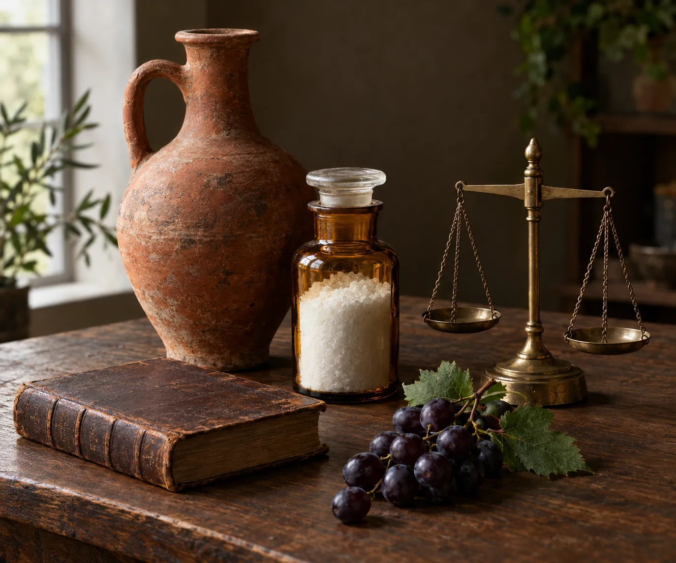 A still life of cream of tartar history: an ancient clay wine jar, an amber apothecary jar of white crystals, an old leather-bound book, a brass apothecary scale, and wine grapes