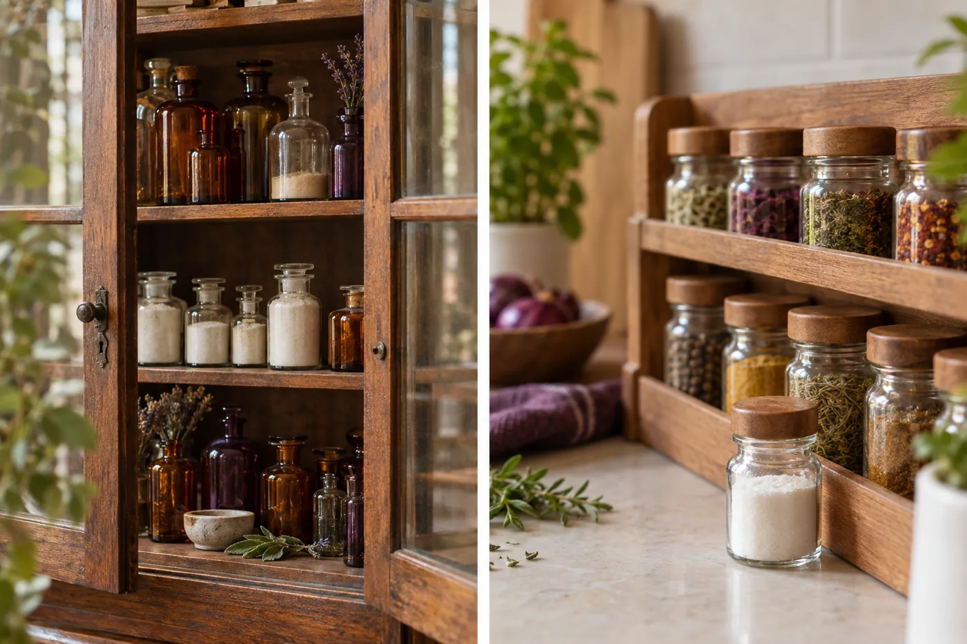 An antique apothecary medicine cabinet with glass bottles beside a modern kitchen spice rack with a small jar of white cream of tartar