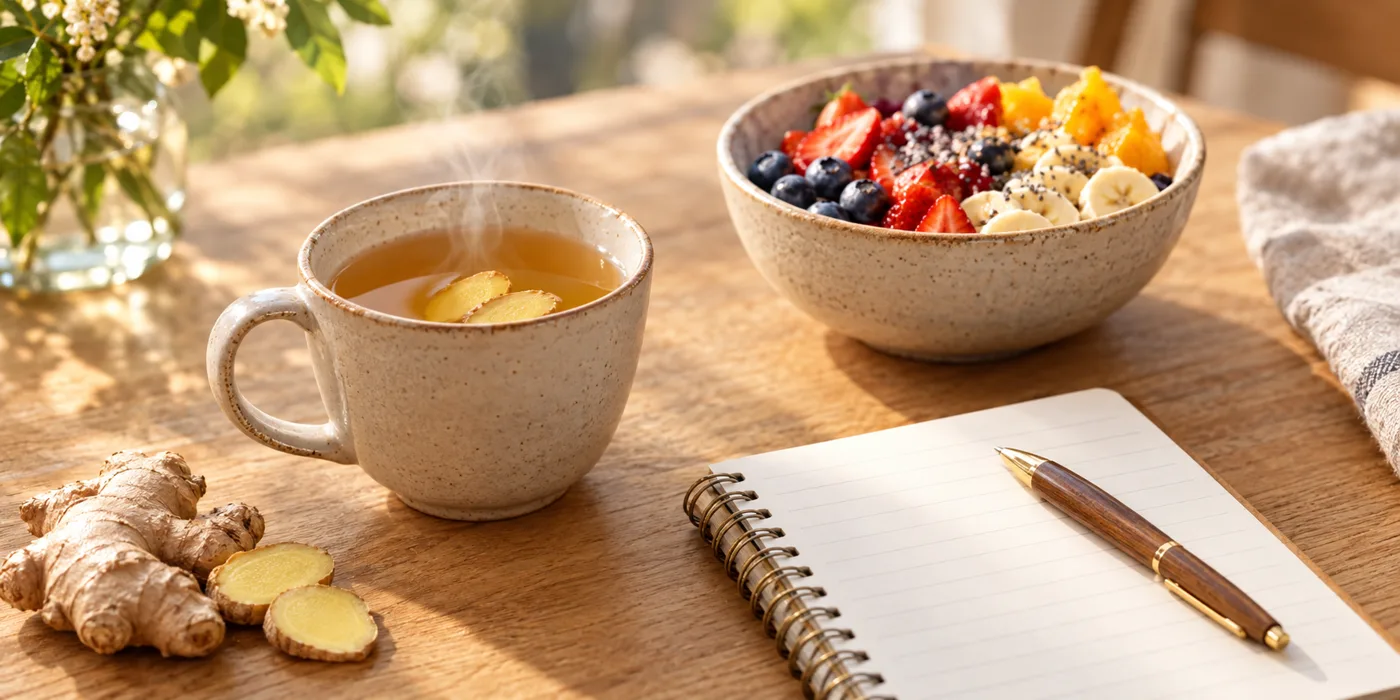 A cup of ginger tea, a food journal and pen, and a bowl of fruit on a wooden table