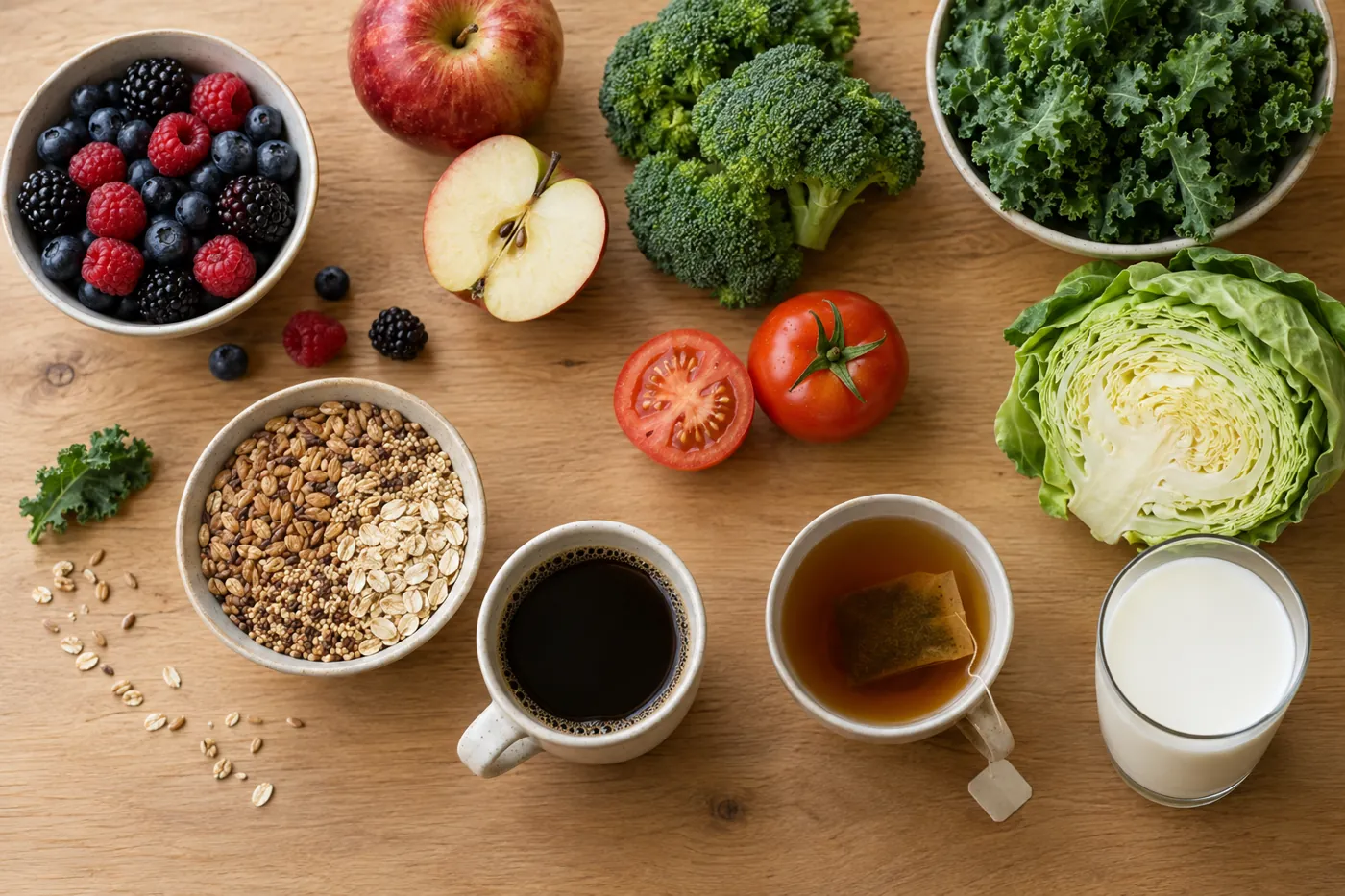 Everyday foods that naturally contain small amounts of MSM: berries, apples, tomatoes, broccoli, kale, cabbage, whole grains, coffee, tea, and milk
