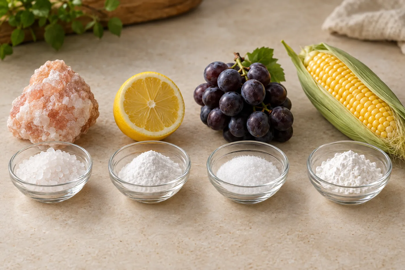 Four dishes of white potassium powders in front of their sources: mined mineral salt for potassium chloride, a lemon for potassium citrate, grapes for cream of tartar, and corn for potassium gluconate