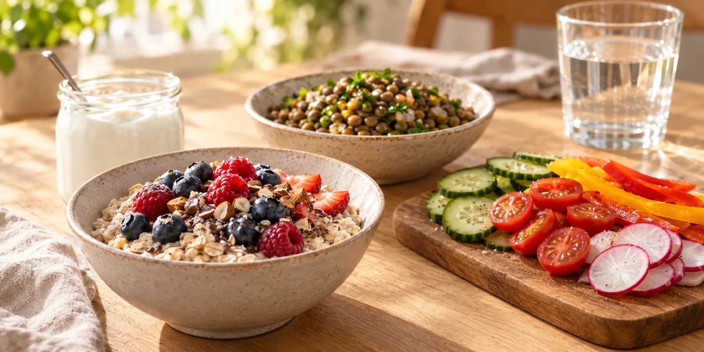 Oats with berries, yogurt, lentils, and sliced vegetables on a kitchen table