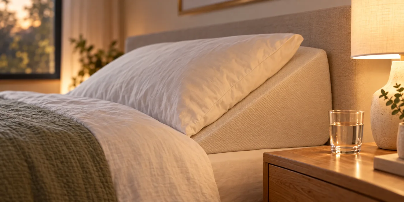 Bed with the head raised on a wedge and a glass of water on the nightstand