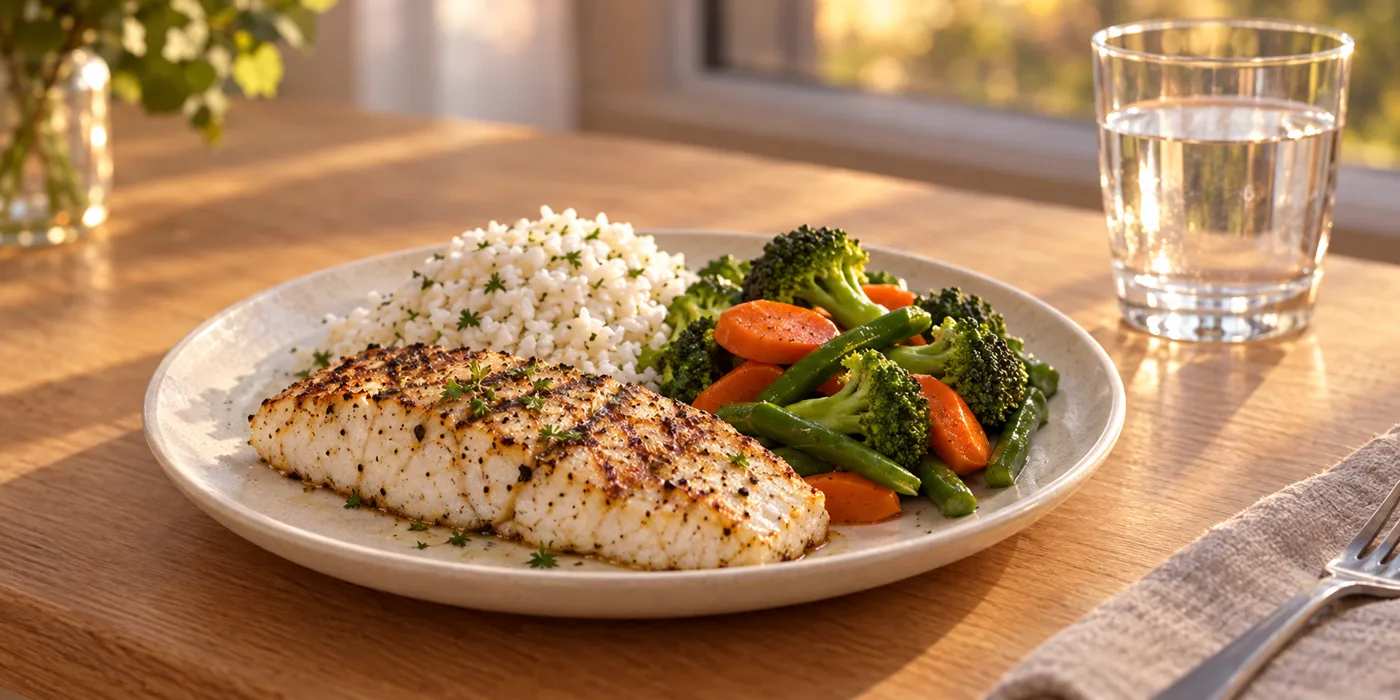 A small dinner of grilled fish, rice, and steamed vegetables with a glass of water