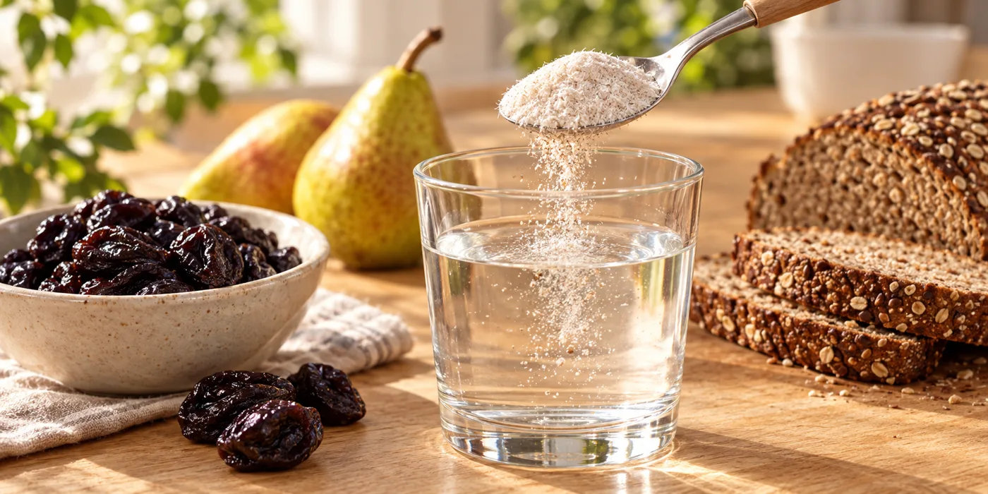 Fiber powder stirred into water, with prunes, pears, and whole grain bread