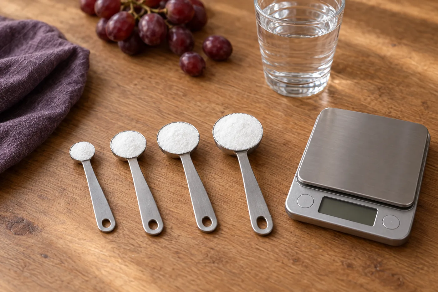 Measuring spoons from 1/8 to 1 teaspoon filled with white powder beside a kitchen scale and a glass of water