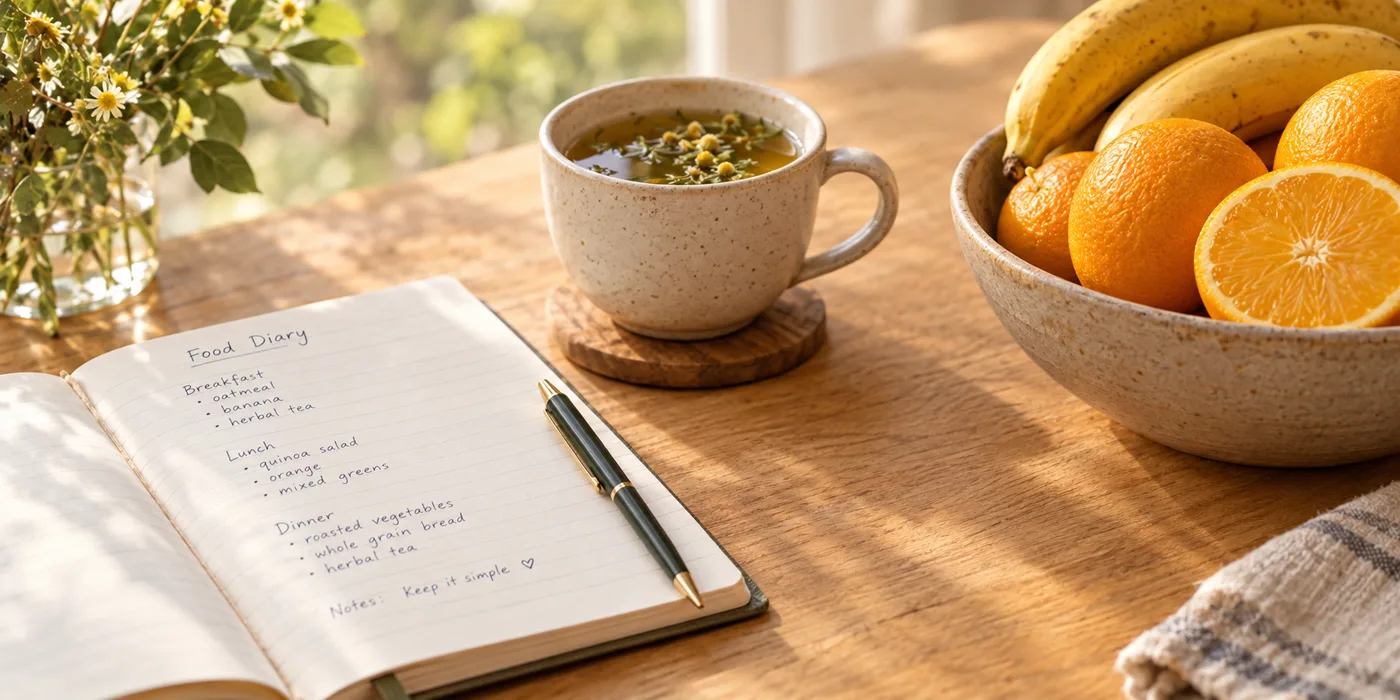 Food diary notebook with herbal tea and a bowl of bananas and oranges for tracking IBS triggers