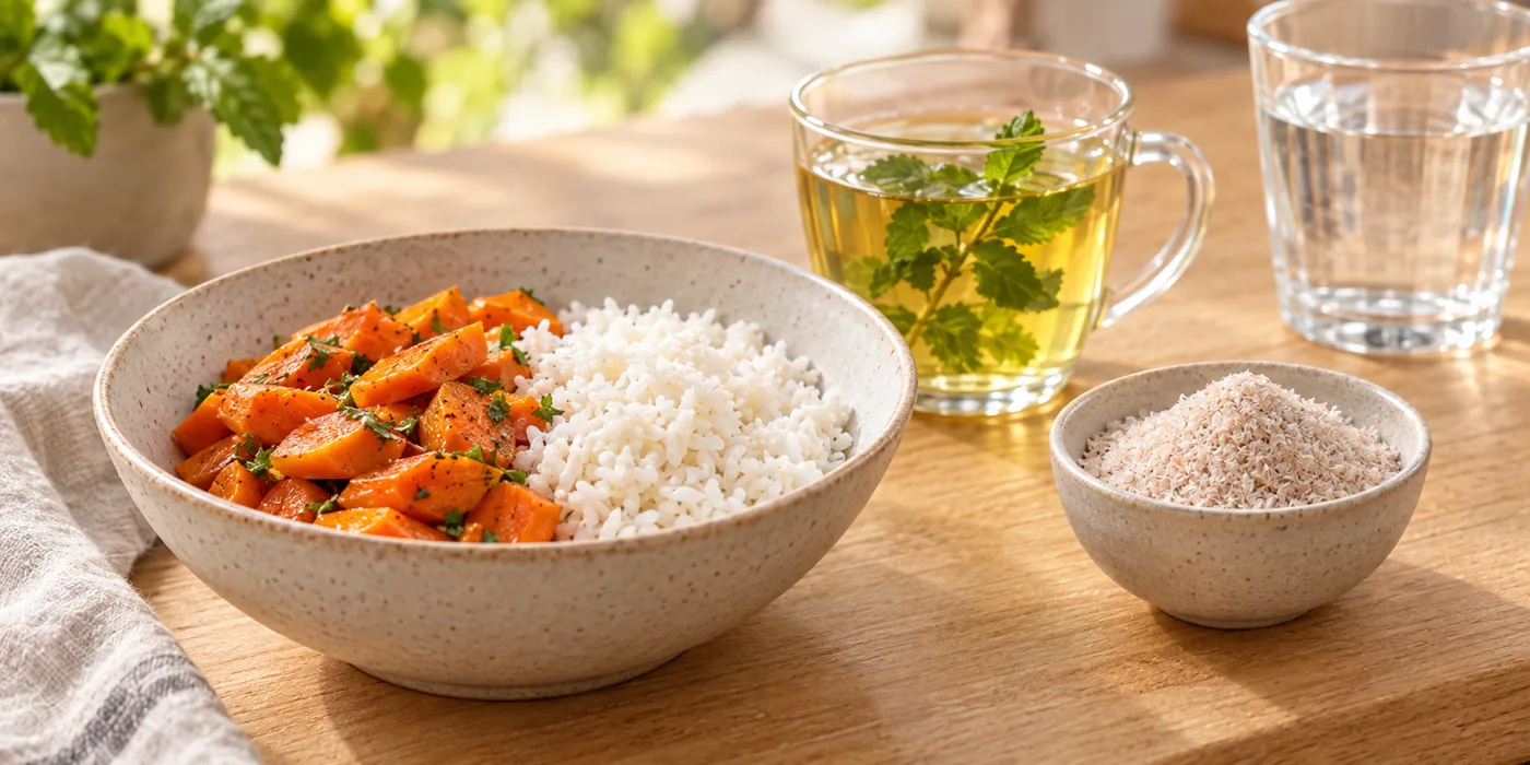 Gentle meal of rice and cooked carrots with peppermint tea, psyllium fiber and a glass of water
