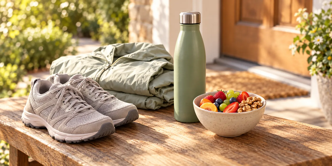 Walking shoes and a light jacket by a sunny door, with water and a bowl of fruit and walnuts
