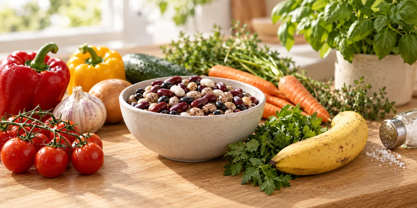Fresh vegetables, beans, herbs, and a banana on a counter, with a salt shaker pushed aside