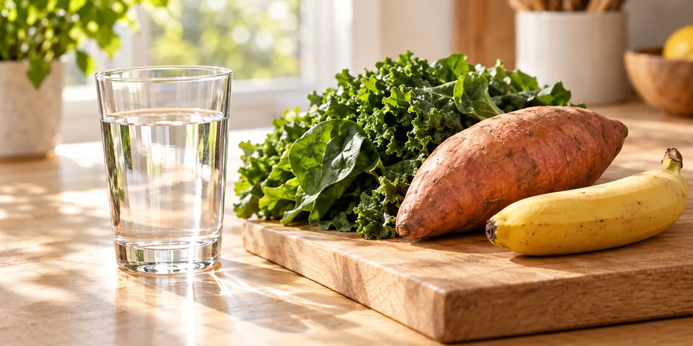 Glass of water beside leafy greens, a sweet potato and a banana on a cutting board