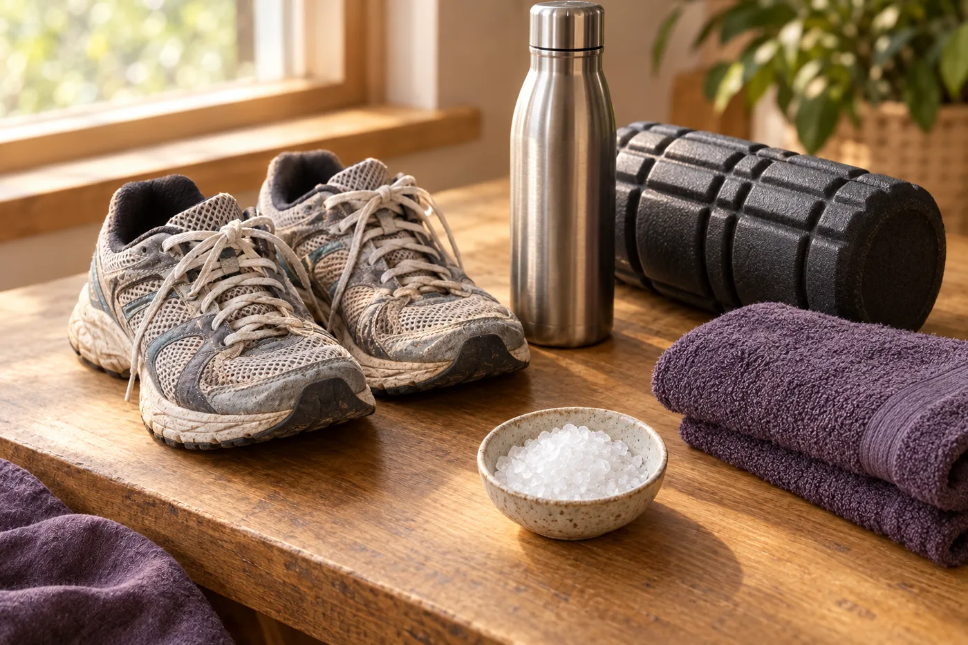 Running shoes, a gym towel, a water bottle, a foam roller, and a small dish of MSM crystals on a wooden bench