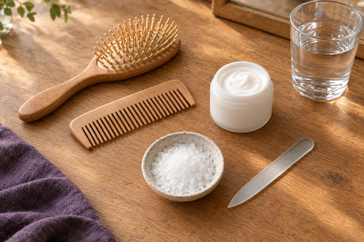 A hairbrush, a wooden comb, a glass nail file, a plain jar of skin cream, and a dish of MSM crystals on a vanity table