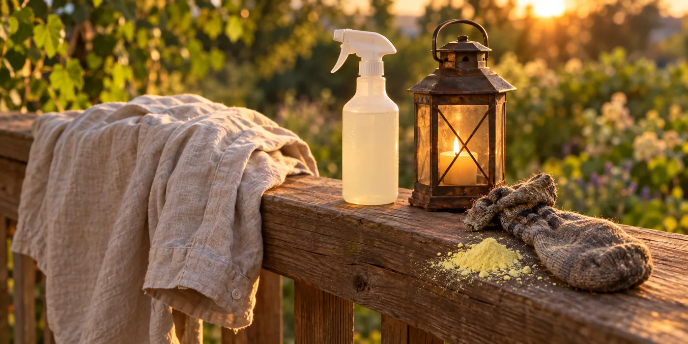 A linen shirt over a porch railing at dusk beside a spray bottle, a lantern, and a sock with yellow sulfur dust