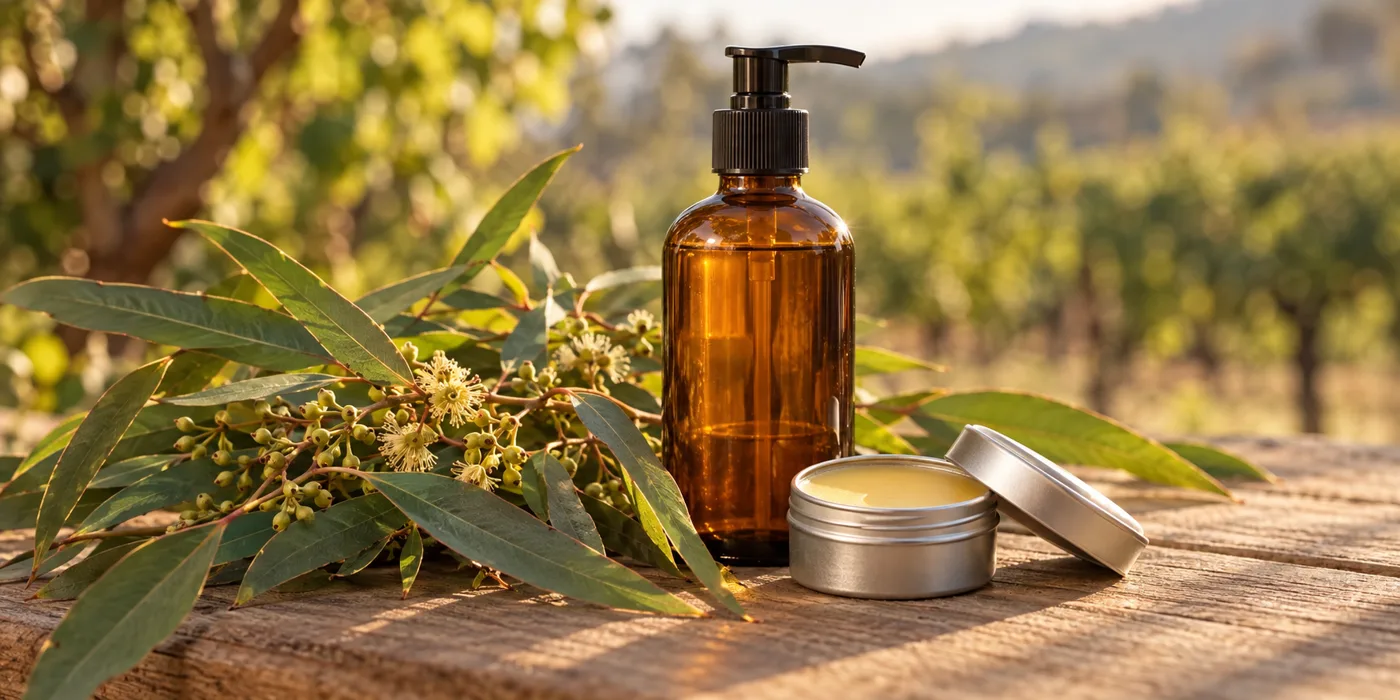 An amber pump bottle and a tin of balm beside lemon eucalyptus branches