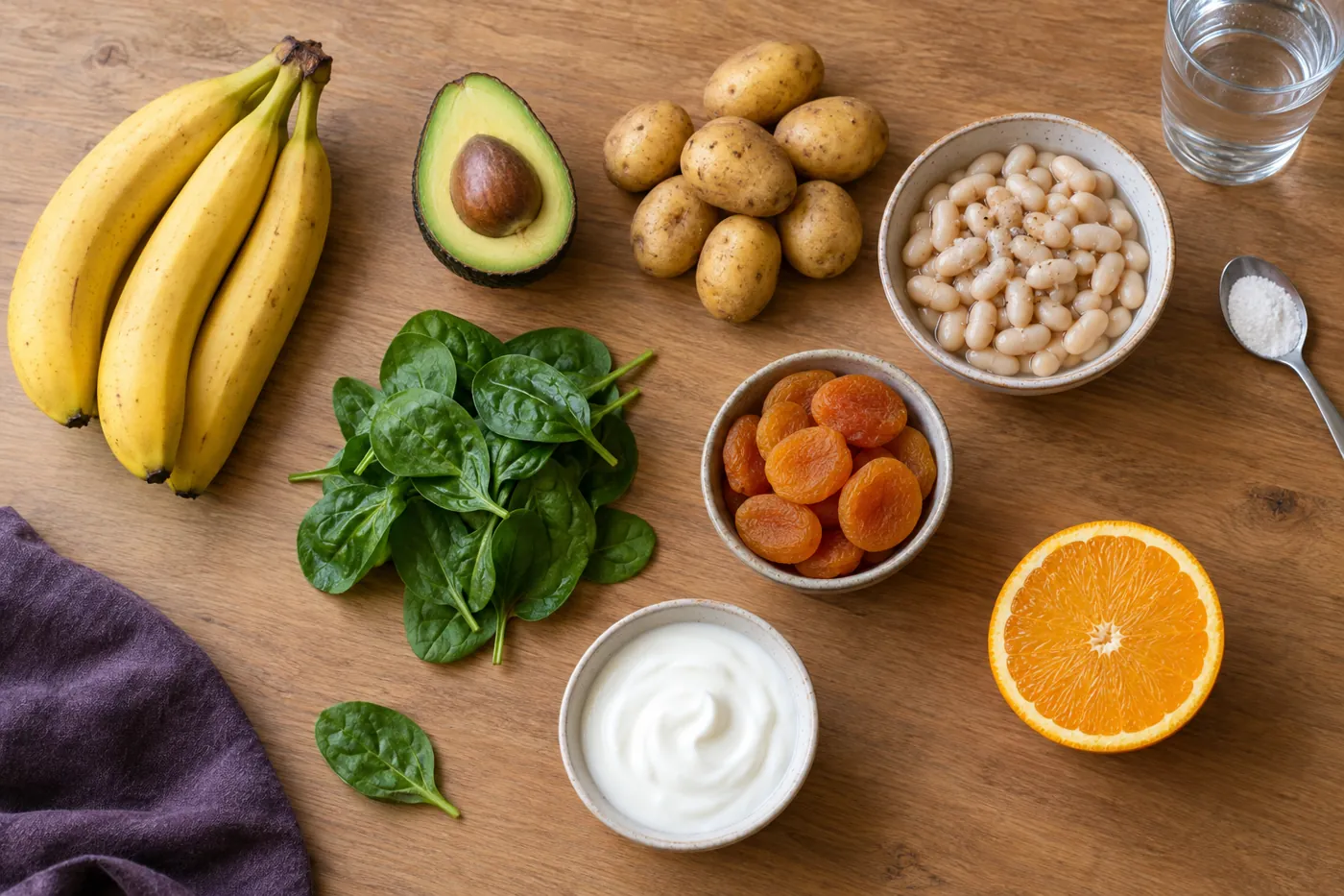 Potassium-rich foods on a wooden table: bananas, avocado, potatoes, white beans, spinach, dried apricots, yogurt, and an orange, with a glass of water and a spoonful of cream of tartar