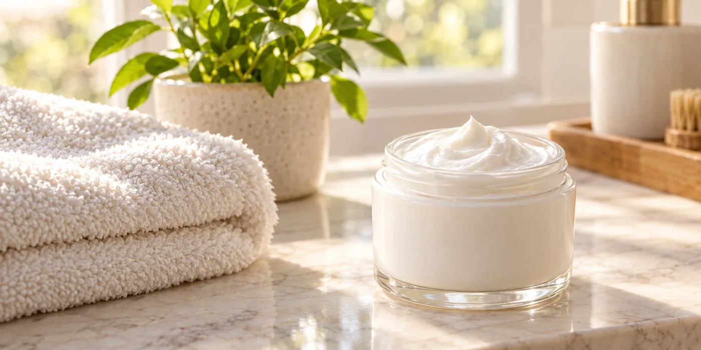 Jar of thick fragrance-free moisturizing cream with a soft towel on a bathroom counter
