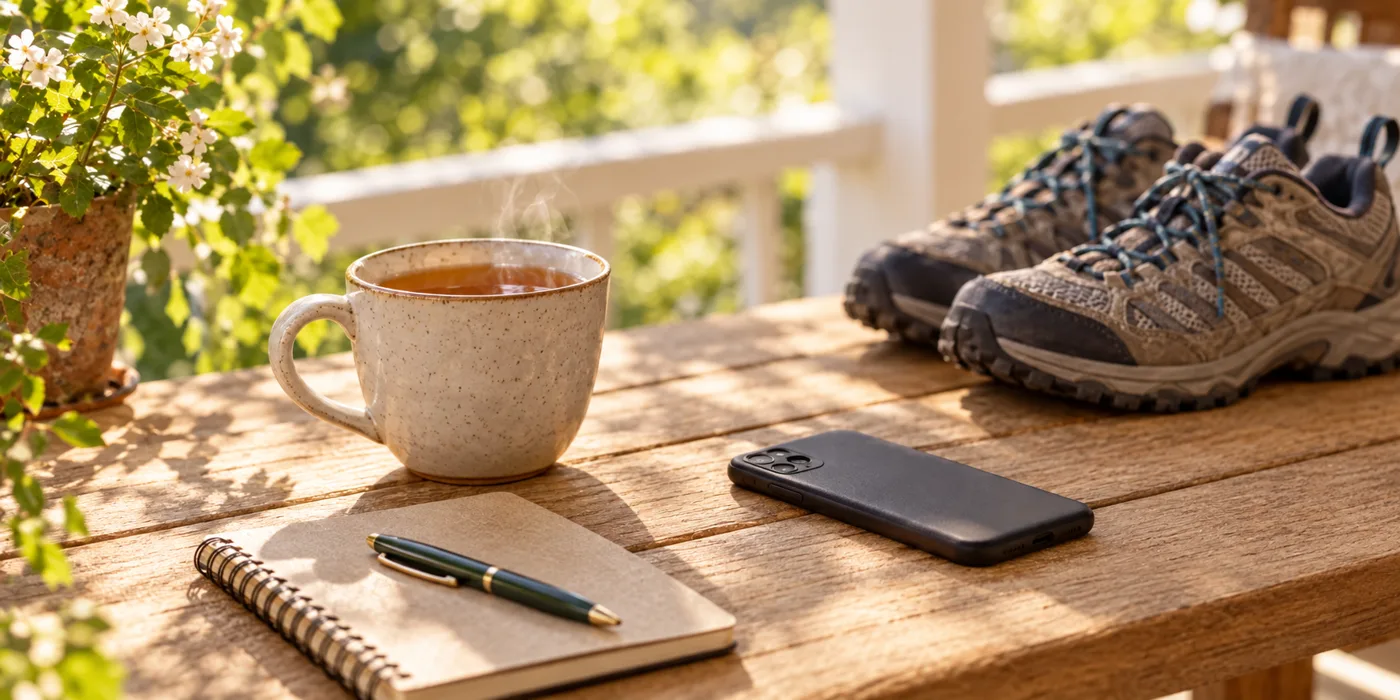 Morning tea, a notebook, a phone and walking shoes on a sunny porch table