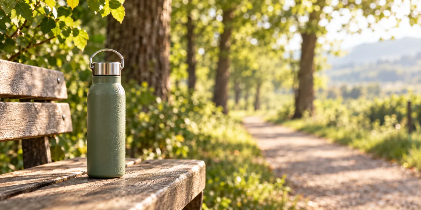Water bottle on a bench beside a tree-lined walking path in morning light
