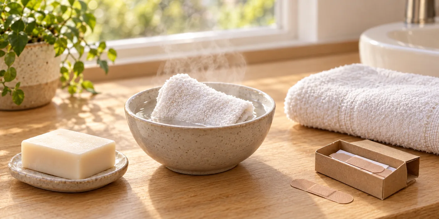 A warm washcloth in a bowl of water beside plain soap, a towel, and bandages, for boils that keep coming back
