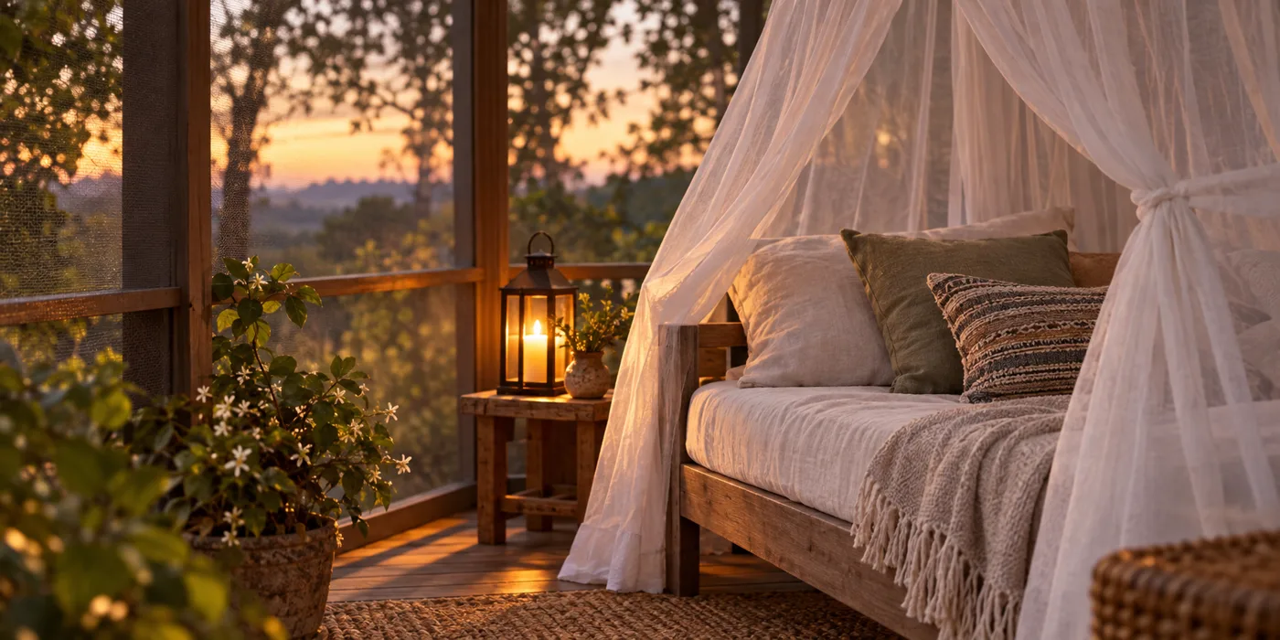 A screened porch at twilight with a mosquito net over a daybed and a glowing lantern