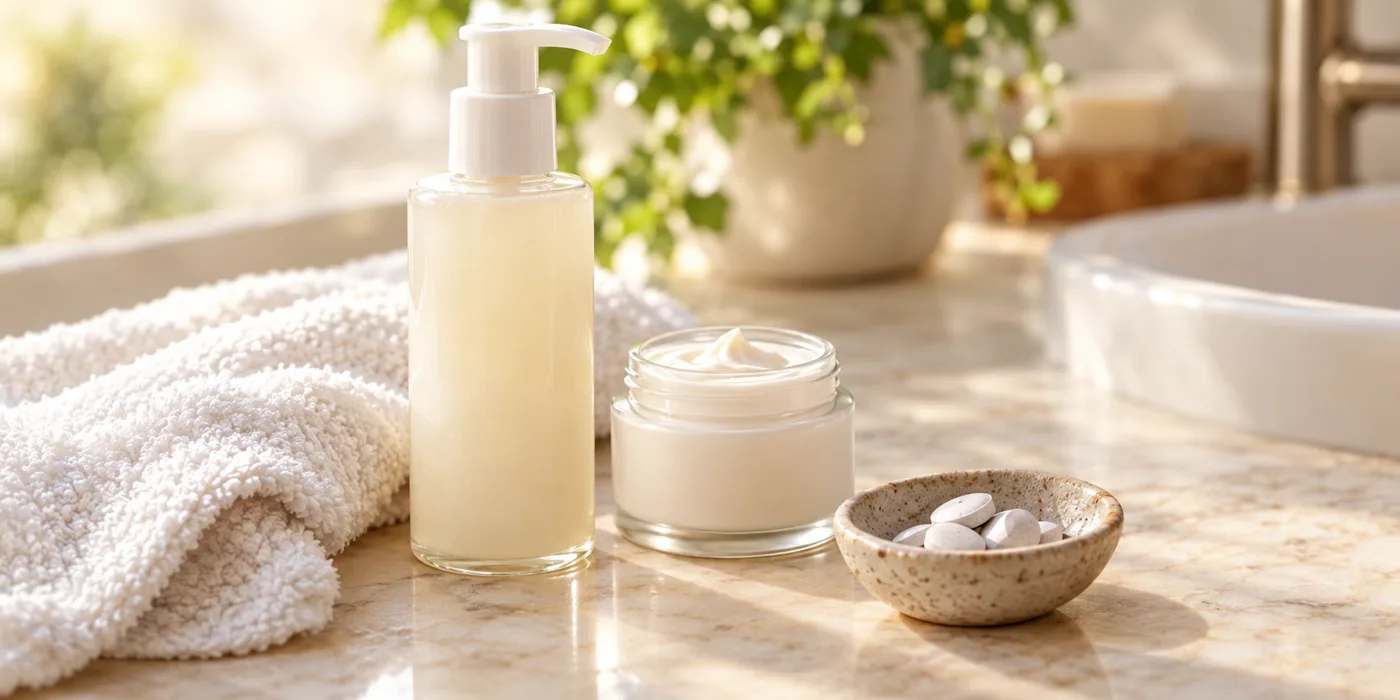 Bathroom counter with a gentle cleanser, moisturizer, washcloth, and zinc tablets