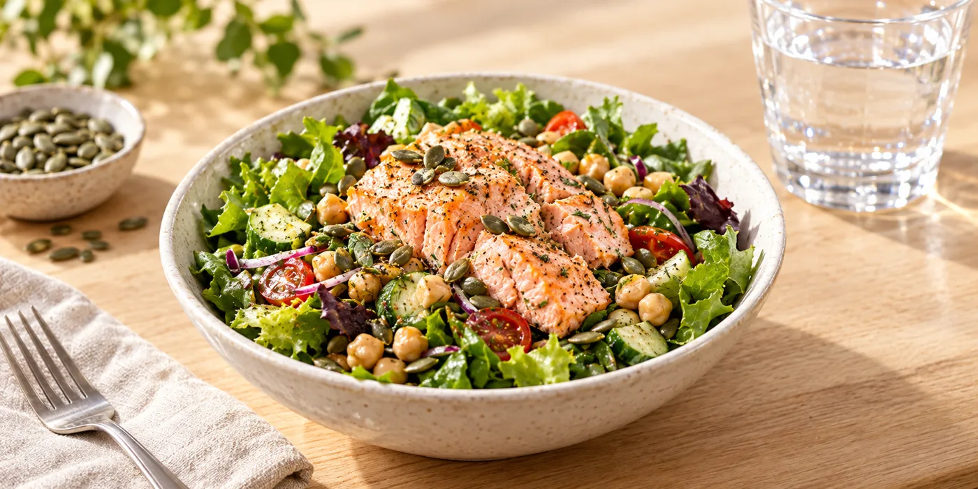 A bowl of salmon salad with greens, pumpkin seeds, and chickpeas, with a glass of water