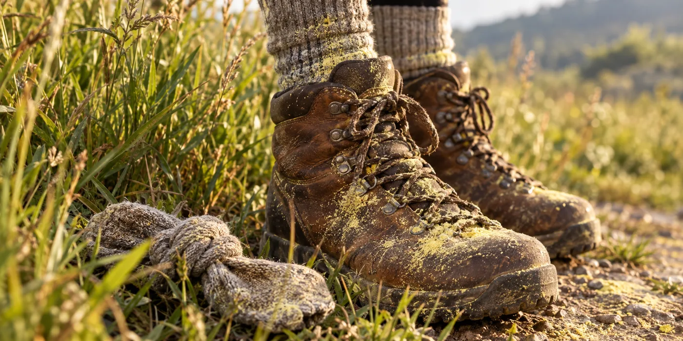 Hiking boots and tucked-in socks dusted with yellow sulfur at the edge of tall grass