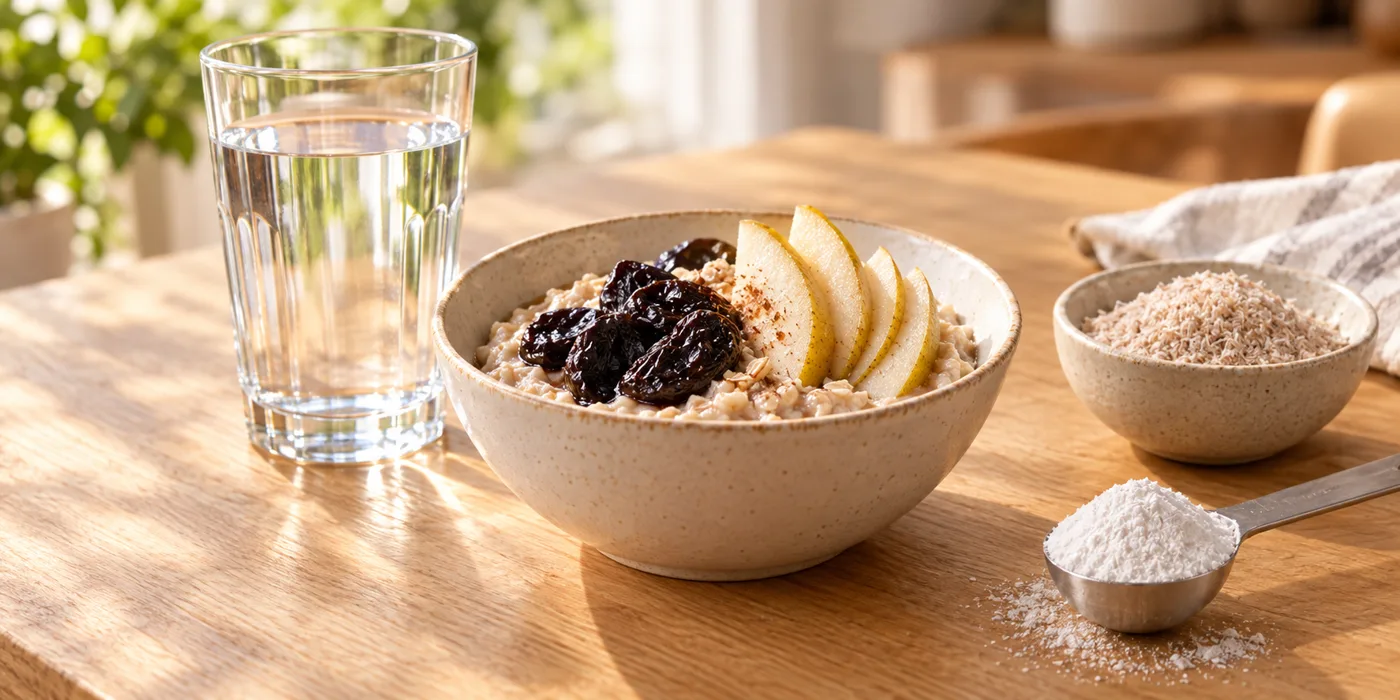 A glass of water, oatmeal with prunes and pear, a dish of fiber, and a spoon of white powder on a sunlit table