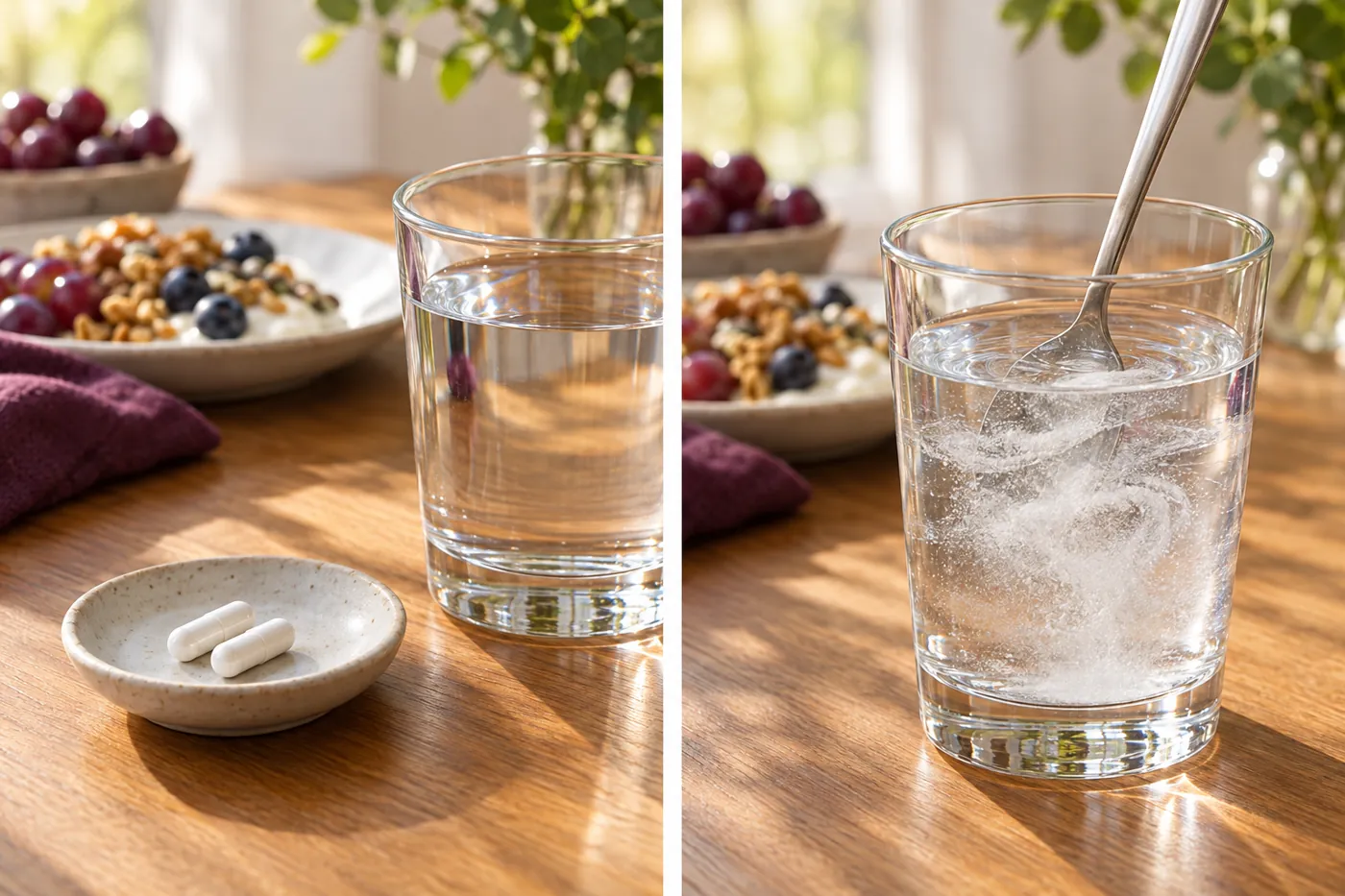 Two ways to take Tarsul at breakfast: two white capsules on a small dish beside a glass of water, and a spoonful of white powder stirred into a glass of water