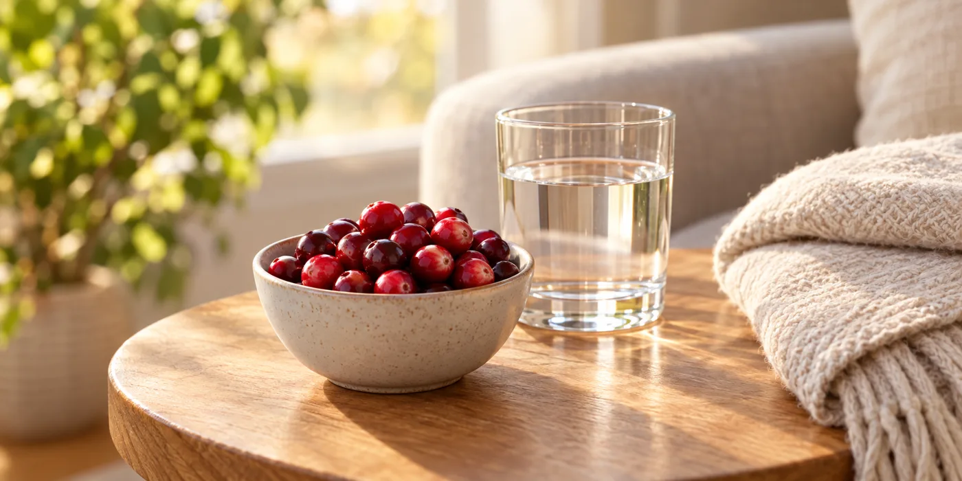 Small bowl of fresh cranberries next to a glass of water on a sofa side table
