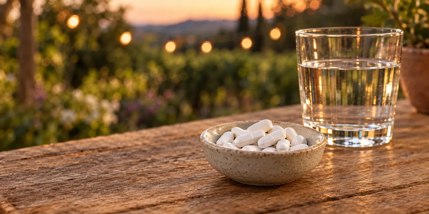A small dish of white tablets and a glass of water on an outdoor table at dusk