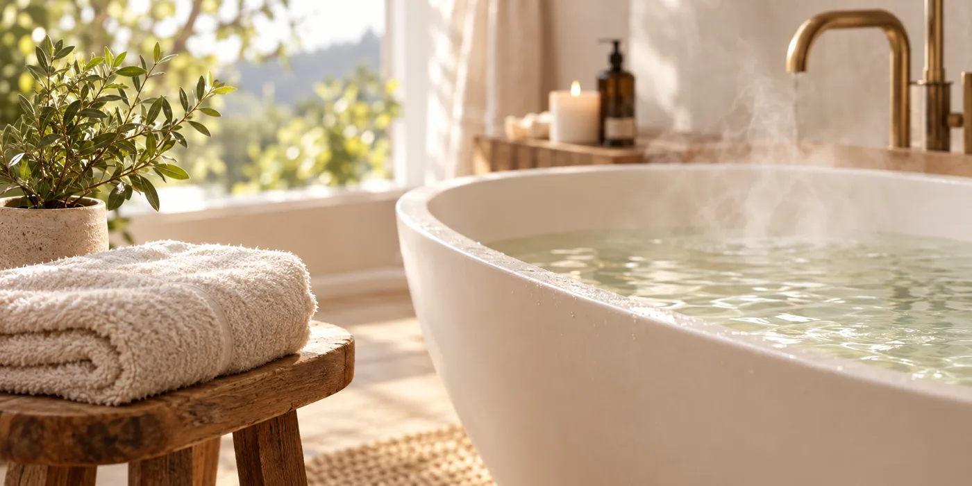 A shallow warm bath with a folded towel on a wooden stool in a bright bathroom